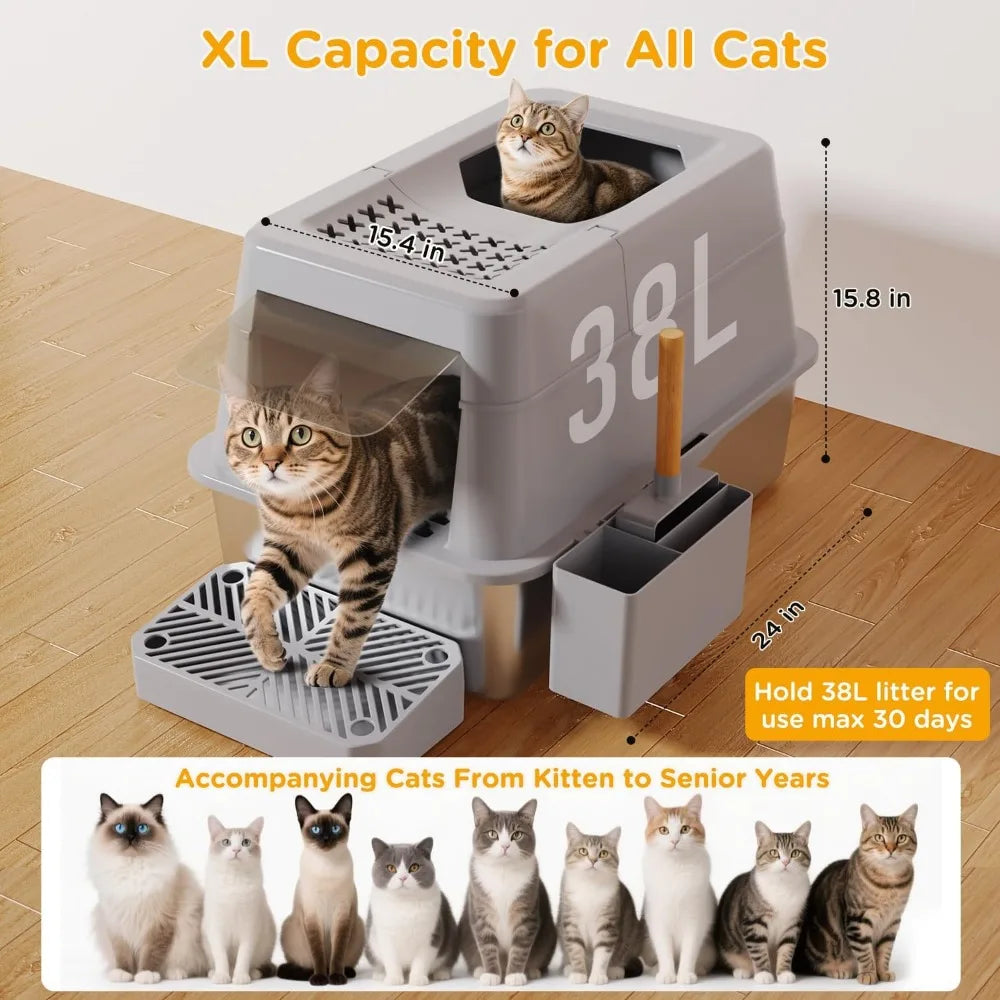 Caixa de areia de aço inoxidável com tampa, caixa de areia de metal fechada extra grande, design modular com tampa articulada, serve para todos os gatos, extra grande com tampa