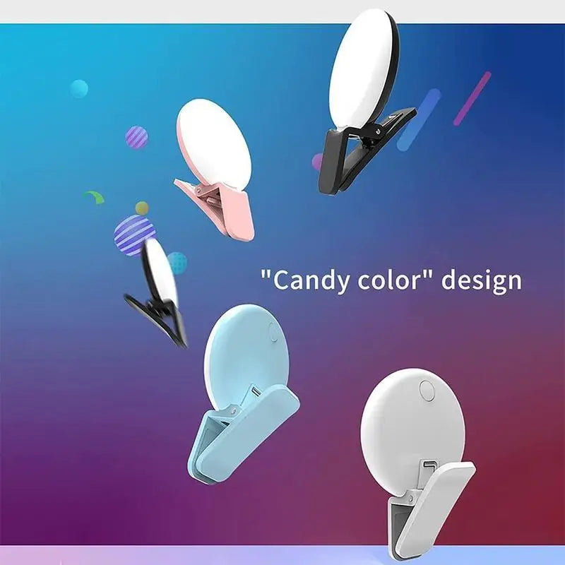 Luz de preenchimento universal para selfies em celulares, lâmpada LED portátil para vídeos ao vivo, acessórios para smartphones e iPhone, luz com clipe de carregamento USB