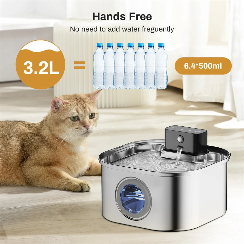 Fonte de água para cães e gatos de aço inoxidável 3.2L com filtro de ciclo de indução automático recarregável e tigela para animais de estimação