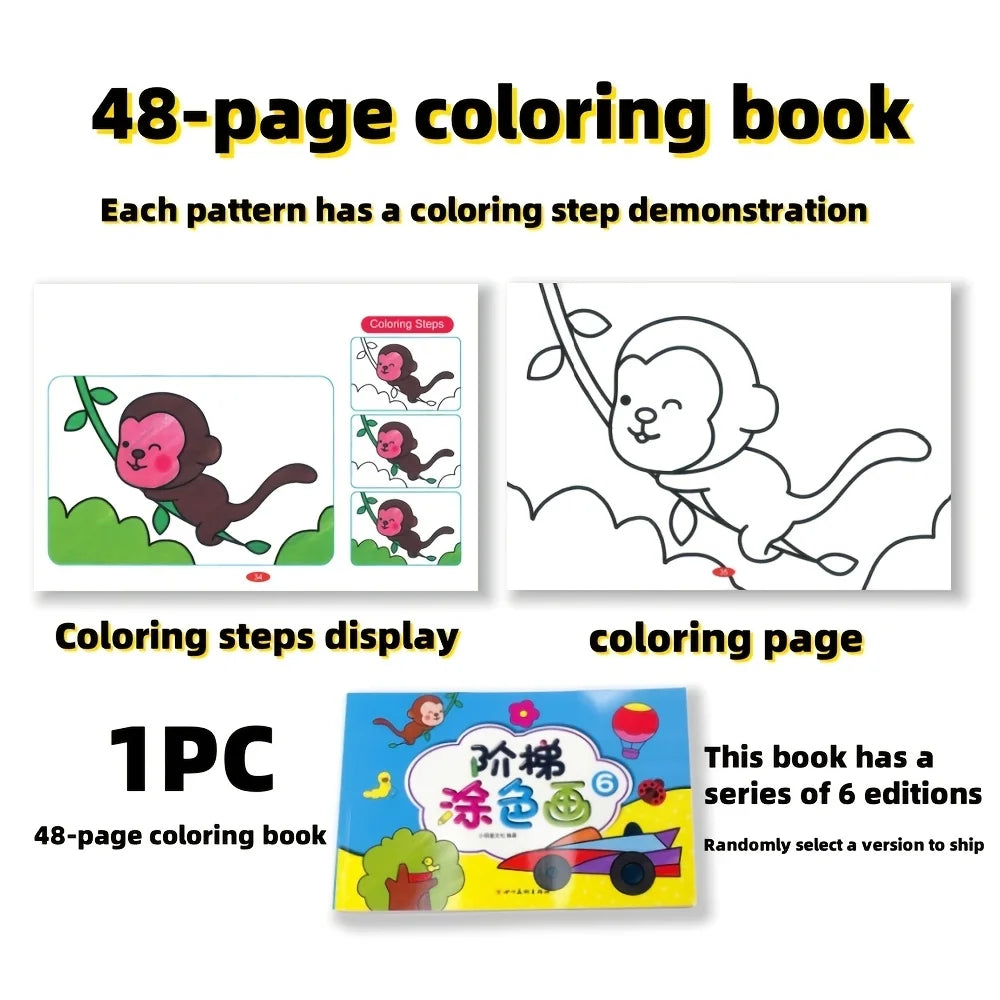 Livro de colorir e rabiscos criativos de 48 páginas, caderno interativo para aprendizagem precoce com animais de desenho animado coloridos, caderno fofo