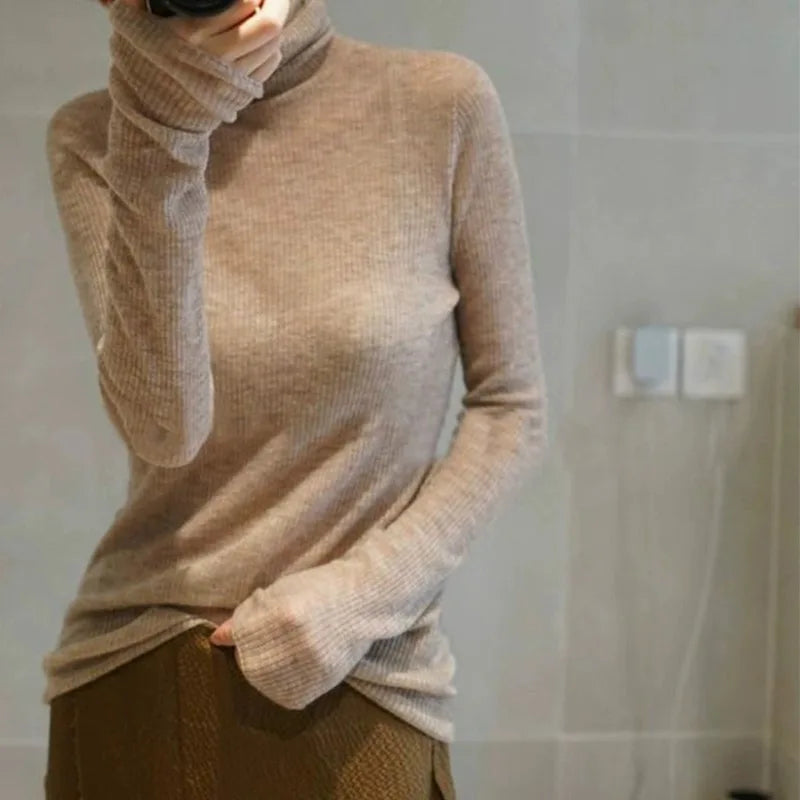 Novo suéter de caxemira feminino outono/inverno 2023, gola alta, suéter ultrafino de lã com pelo