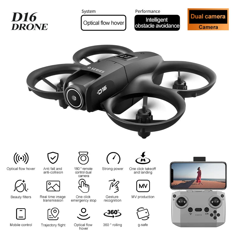 Mini drone Xiaomi D16 com câmera HD 8K ajustável de 180° e WiFi com fluxo de luz, drone de bolso para evitar obstáculos, quadricóptero RC