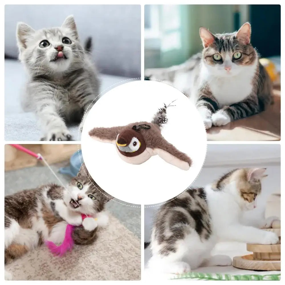 Brinquedo de pássaro cantando para gatos, brinquedo interativo de pássaro simulado, pardal, brinquedo de pássaro voador recarregável por USB para gatos domésticos