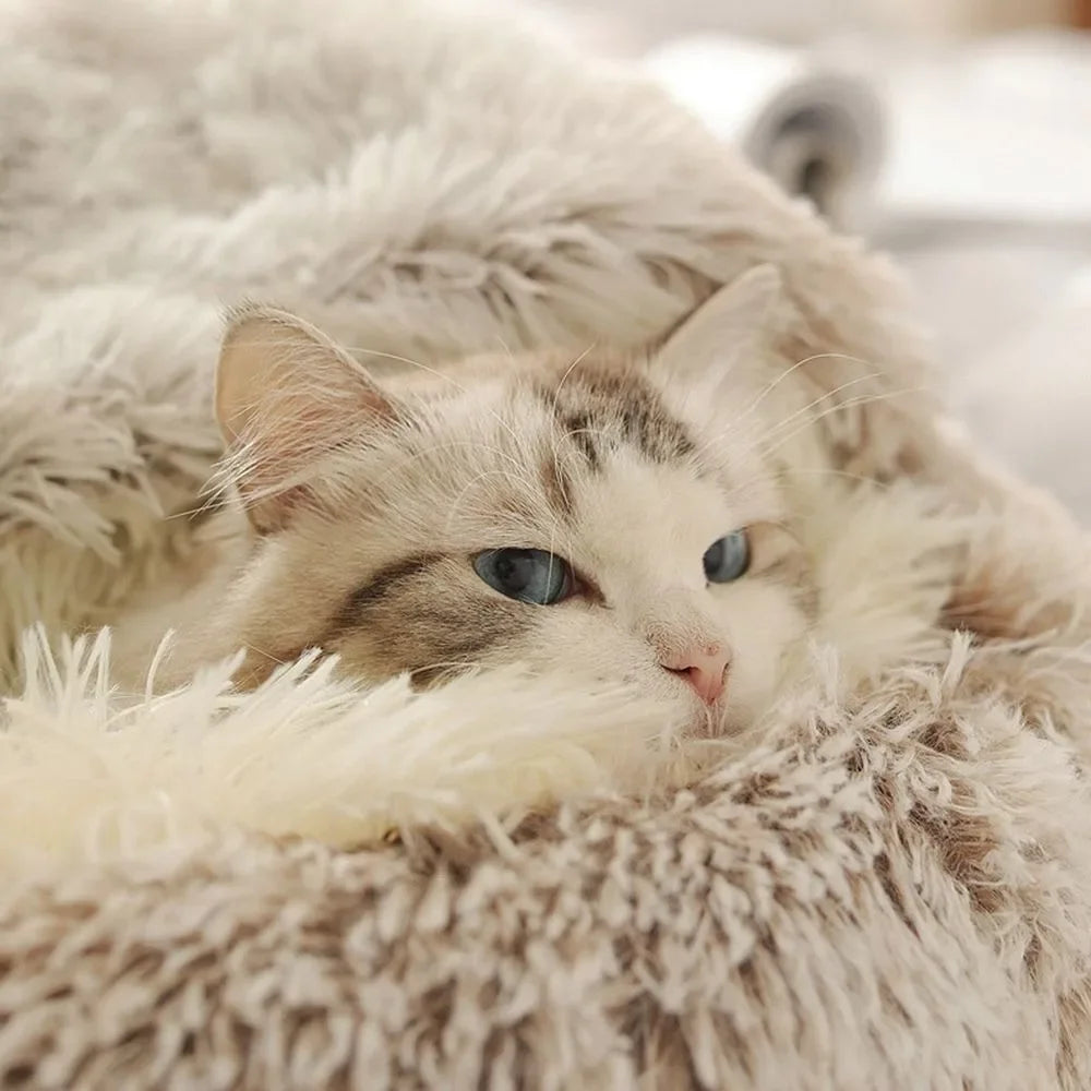 Cama de pelúcia longa e macia para animais de estimação, fechada, redonda, almofada para gatos, confortável, saco de dormir, ninho para gatos, canil para pequenos animais de estimação