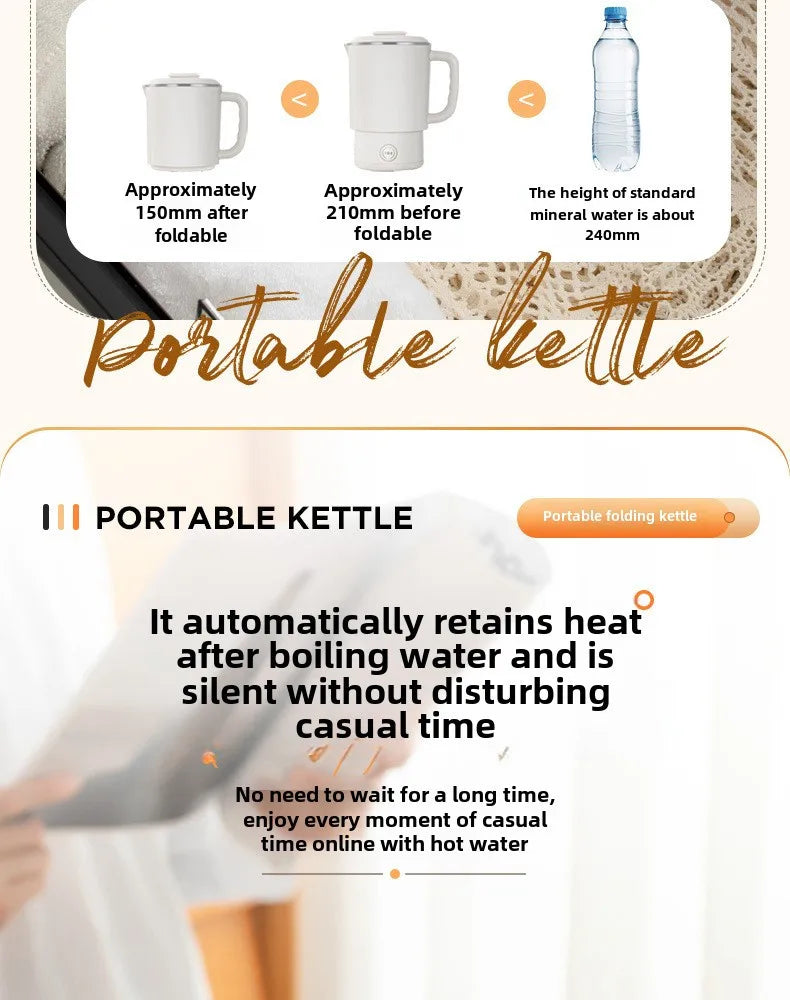 Chaleira dobrável para viagem, pequena chaleira dobrável portátil para áreas externas, aço inoxidável 304, chaleira elétrica
