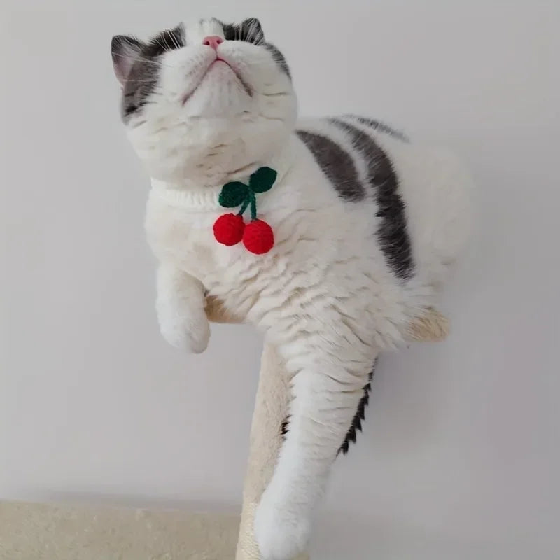 Pet Collar Handmade Knitted Cat Collar With Cherry Decor Cute Cat Necklace Cat Supplies ошейник для кошек para gatos accesorios