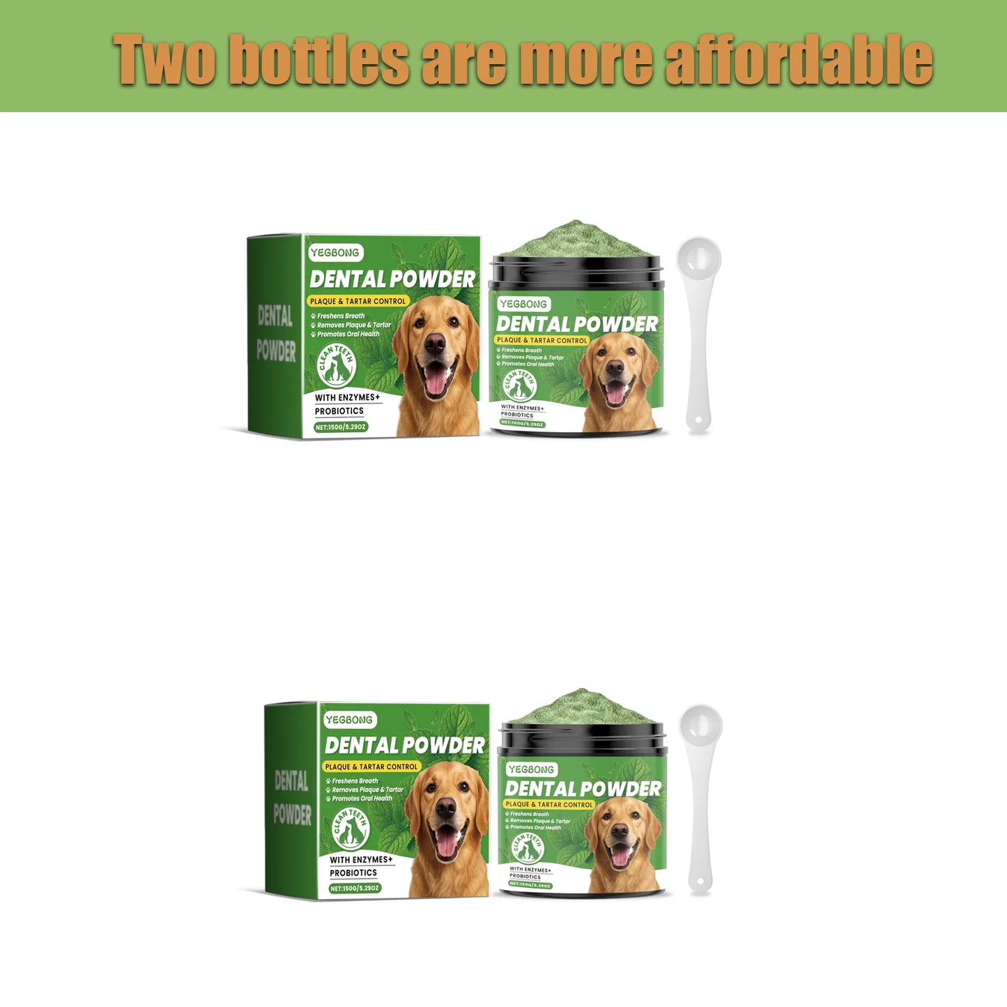 Pó para limpeza de dentes de cachorro Yegbong 150g - Cuidado dental suave para animais de estimação - Remove tártaro, manchas e mau hálito - Clareia os dentes