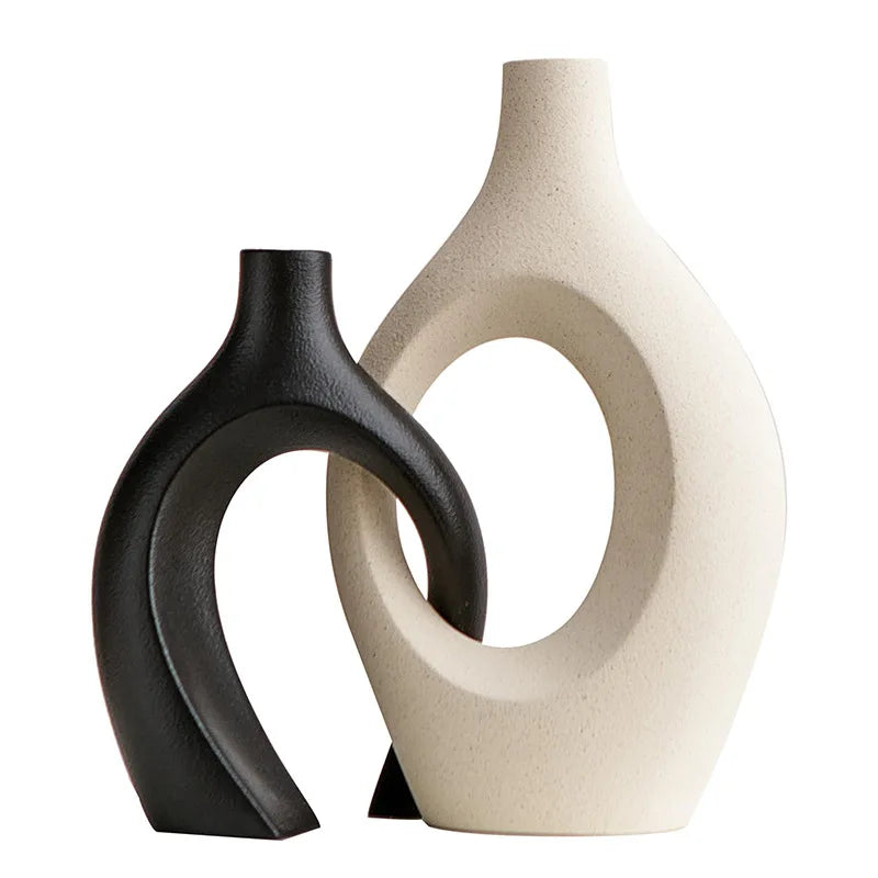 Vaso de cerâmica vazado, 2 para decoração moderna de casa, vaso estilo donut boho, vaso decorativo minimalista preto e branco