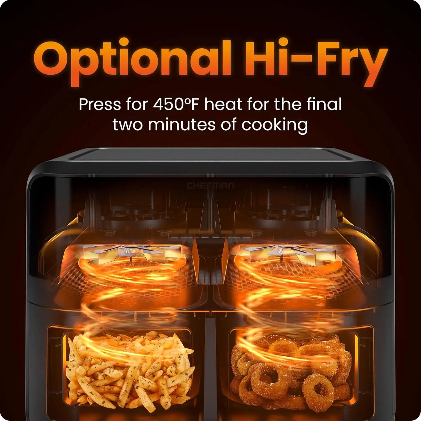Forno Air Fryer de 6 litros com duas cestas e janelas de fácil visualização, acabamento sincronizado, alta fritura, desligamento automático, 2 fornos independentes antiaderentes de 3 litros