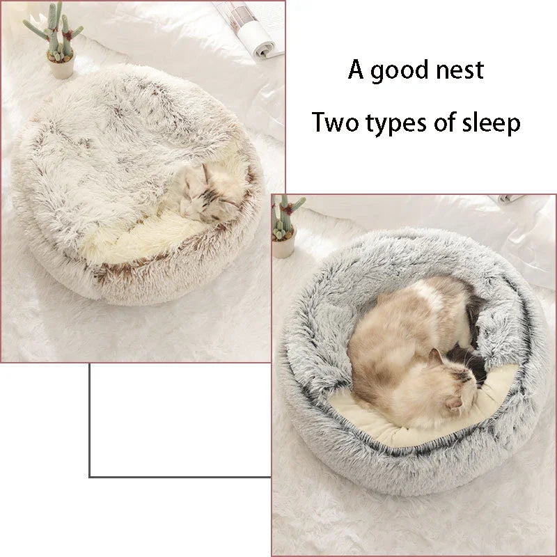 Cama para cães e gatos, colchão para animais de estimação, quente, macia, de pelúcia, com capa, ninho redondo, caverna para cães pequenos e gatinhos