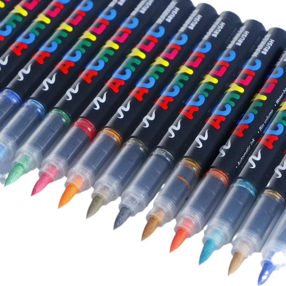 Conjunto de canetas marcadoras acrílicas coloridas, 12 a 48 cores, à prova d'água, para scrapbook, faça você mesmo, ponta de pincel, desenho, tinta, marcador, arte, material escolar, papelaria