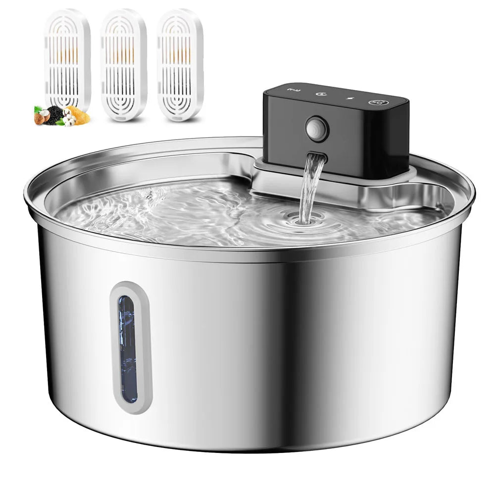 Fonte de água para cães e gatos de aço inoxidável 3.2L com filtro de ciclo de indução automático recarregável e tigela para animais de estimação