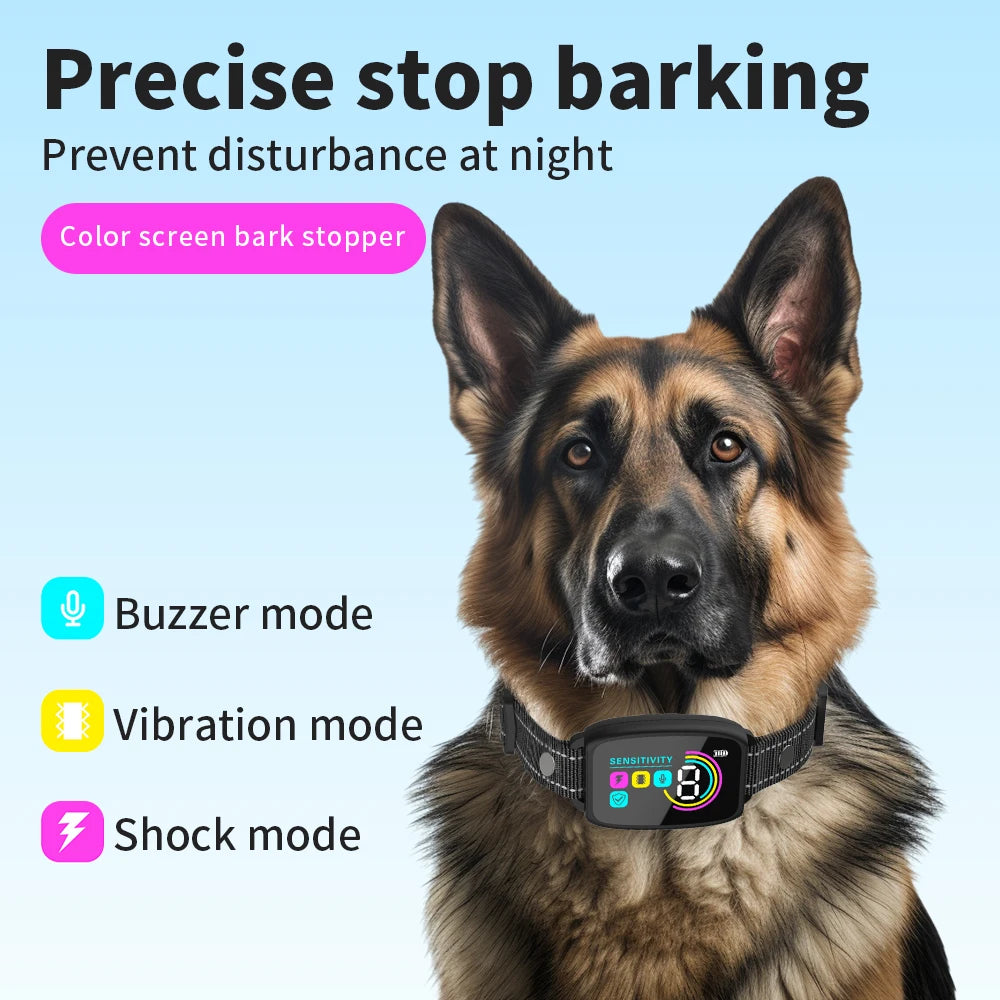 Coleira de cachorro com tela colorida, dispositivo automático antilatidos IP67 à prova d'água, recarregável, treinador de cães, antilatidos inteligente para cães de estimação