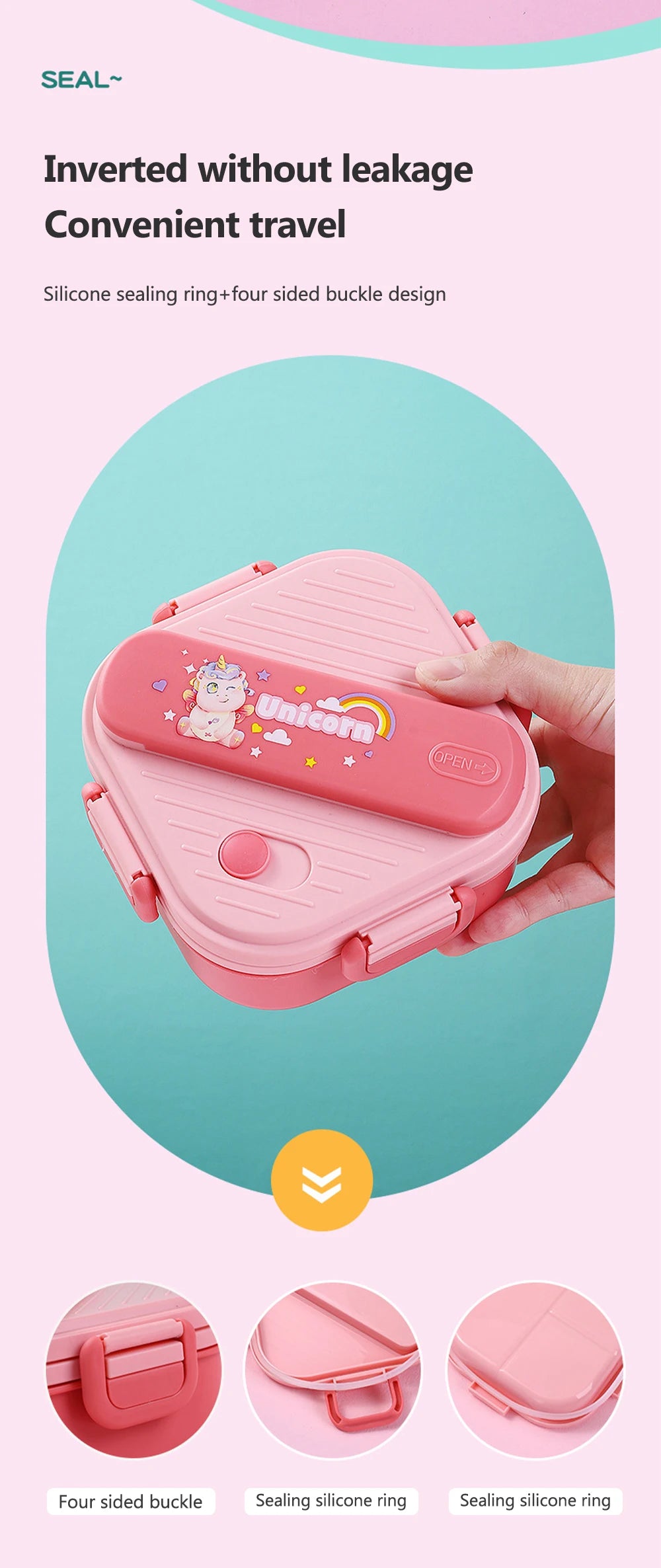 Lancheira de unicórnio com 3 grades para crianças, estudantes, sanduíche, frutas, recipiente para armazenamento de alimentos, caixa de bento de desenho animado para acampamento escolar