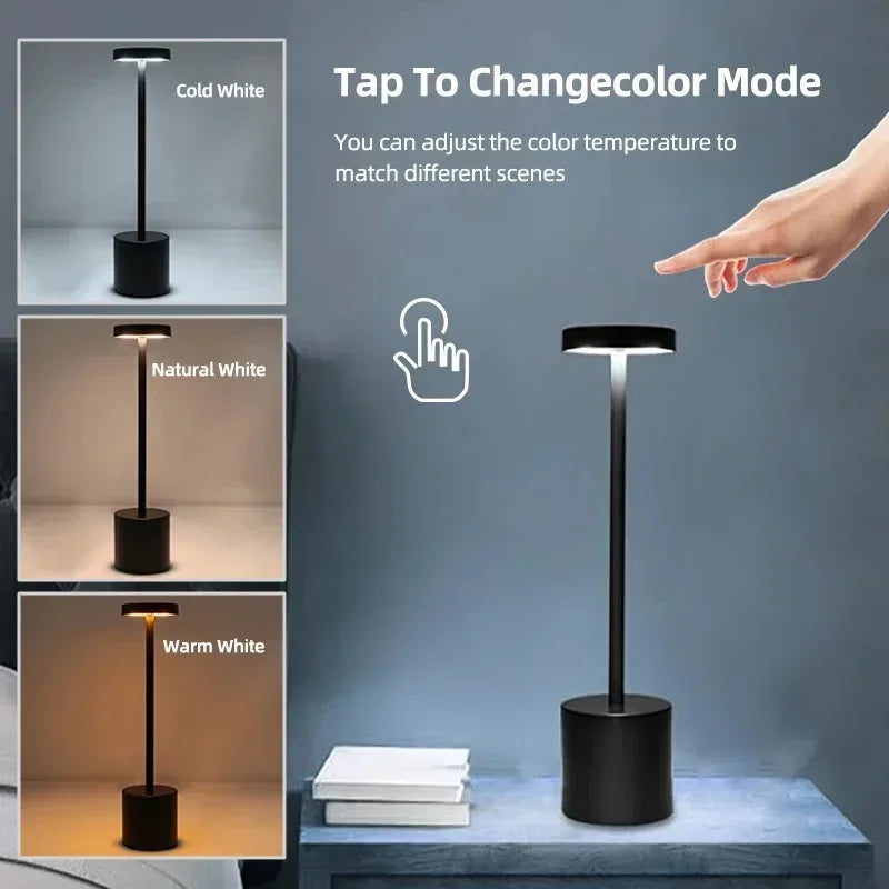 Luminária de mesa LED com sensor de toque, luz noturna de mesa, recarregável, sem fio, lâmpada de leitura, 3 cores, ajustável, luz ambiente criativa