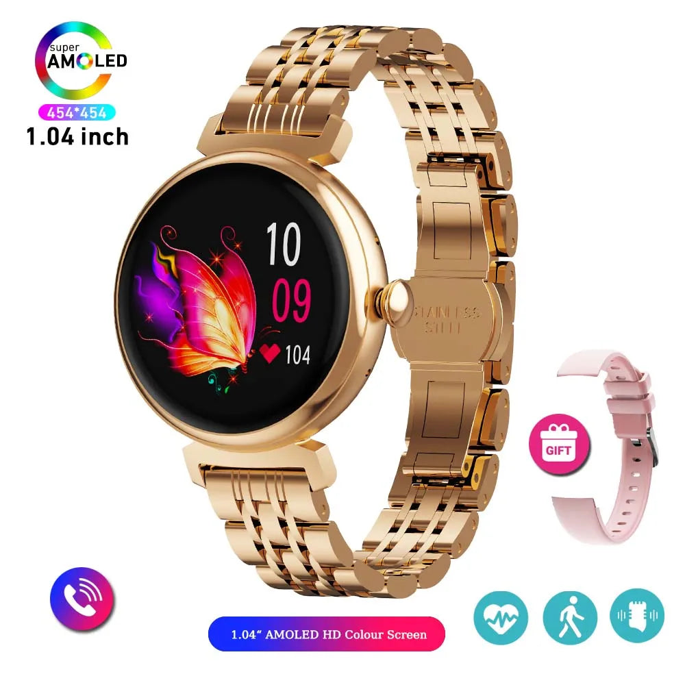 Relógio inteligente feminino moderno com tela AMOLED de 1,04 polegadas, tela sempre exibida, chamada Bluetooth, corpo de metal, tela pequena