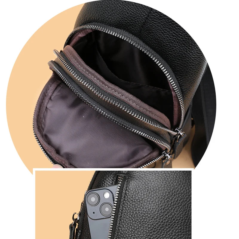 Bolsa de peito masculina 100% couro legítimo, bolsa de ombro masculina, bolsa mensageiro, bolsa transversal casual, bolsa de mão da moda masculina