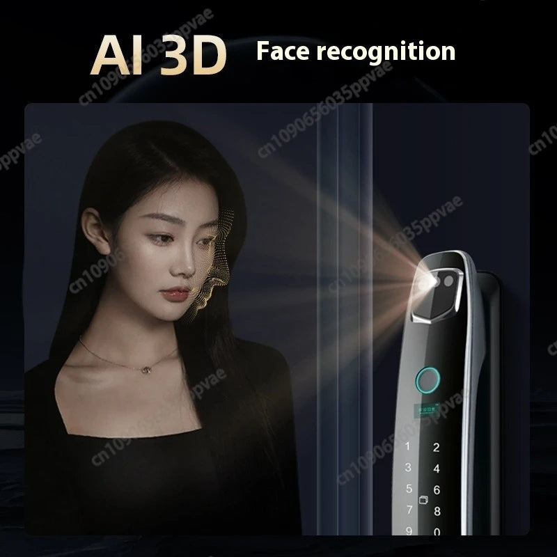 Fechadura de porta inteligente com reconhecimento facial 3D, anti-arrombamento e anti-arrombamento, totalmente automática, trava de impressão digital com senha, interfone, fechadura de porta inteligente