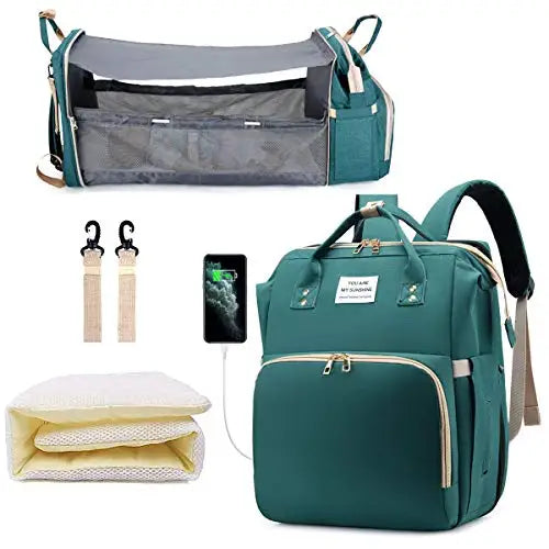 Mochila para fraldas 3 em 1, dobrável, para berço de bebê, à prova d'água, com carregador USB, mochila para fraldas e trocador, 3 tipos