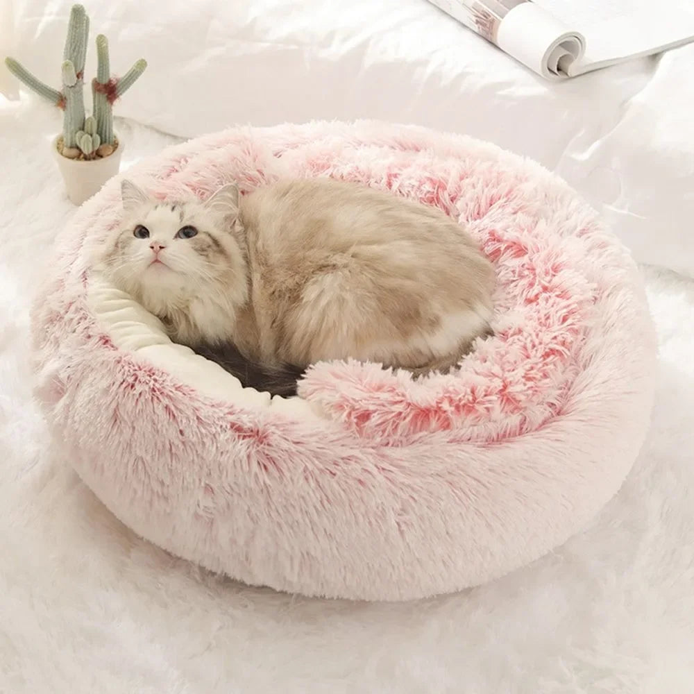 Cama de pelúcia longa e macia para animais de estimação, fechada, redonda, almofada para gatos, confortável, saco de dormir, ninho para gatos, canil para pequenos animais de estimação