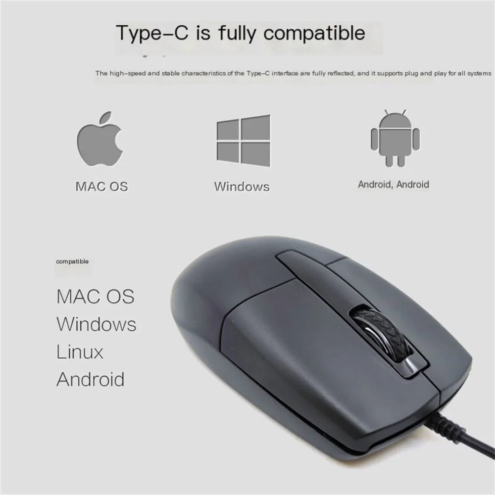 Mouse com fio tipo C, sistema plug and play, leve, portátil, com botão de baixo ruído, para uso em escritório, para negócios e escritório