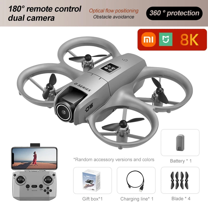 Mini drone Xiaomi D16 com câmera HD 8K ajustável de 180° e WiFi com fluxo de luz, drone de bolso para evitar obstáculos, quadricóptero RC