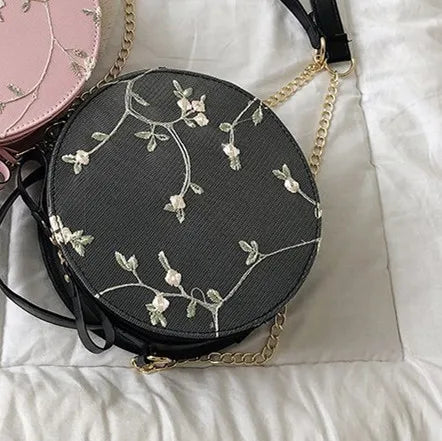 Bolsas redondas de renda doce de couro PU de alta qualidade para mulheres, bolsas crossbody para mulheres 2025, pequena corrente de flores frescas, ombro