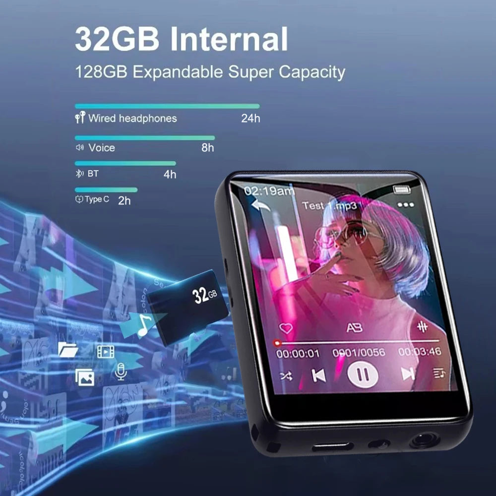 2025 Novo Bluetooth 5.4 Tela sensível ao toque MP3 Player HiFi Lossless Music Play Alto-falante integrado 32 GB Suporte para gravação de e-book