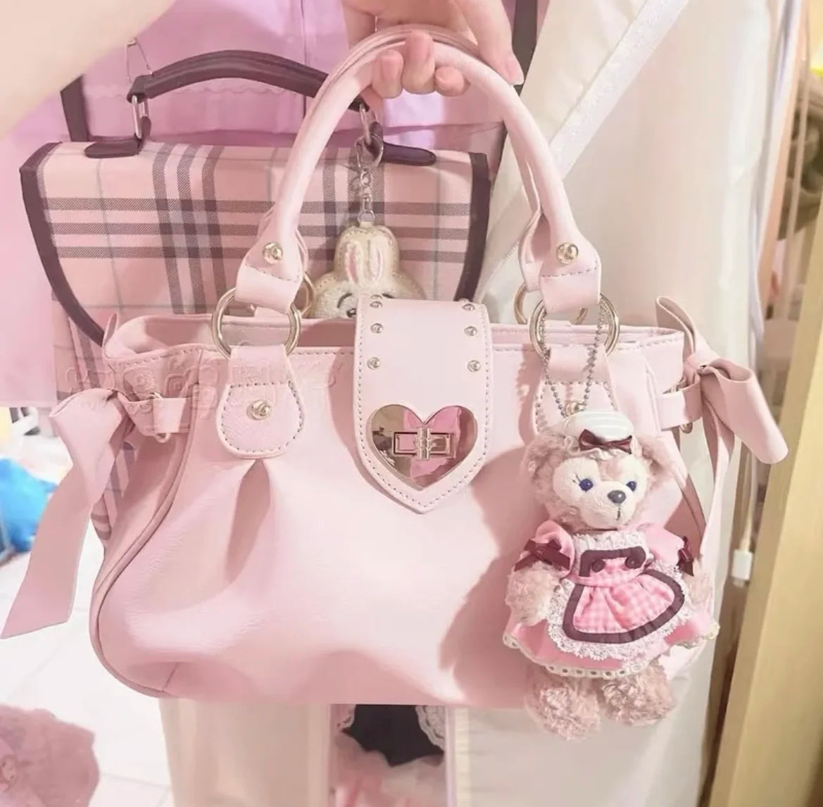 Bolsa de mão rosa com laço doce Lolita, bolsa feminina Harajuku Love Heart, bolsa transversal macia, bolsa de ombro feminina Kawaii de grande capacidade