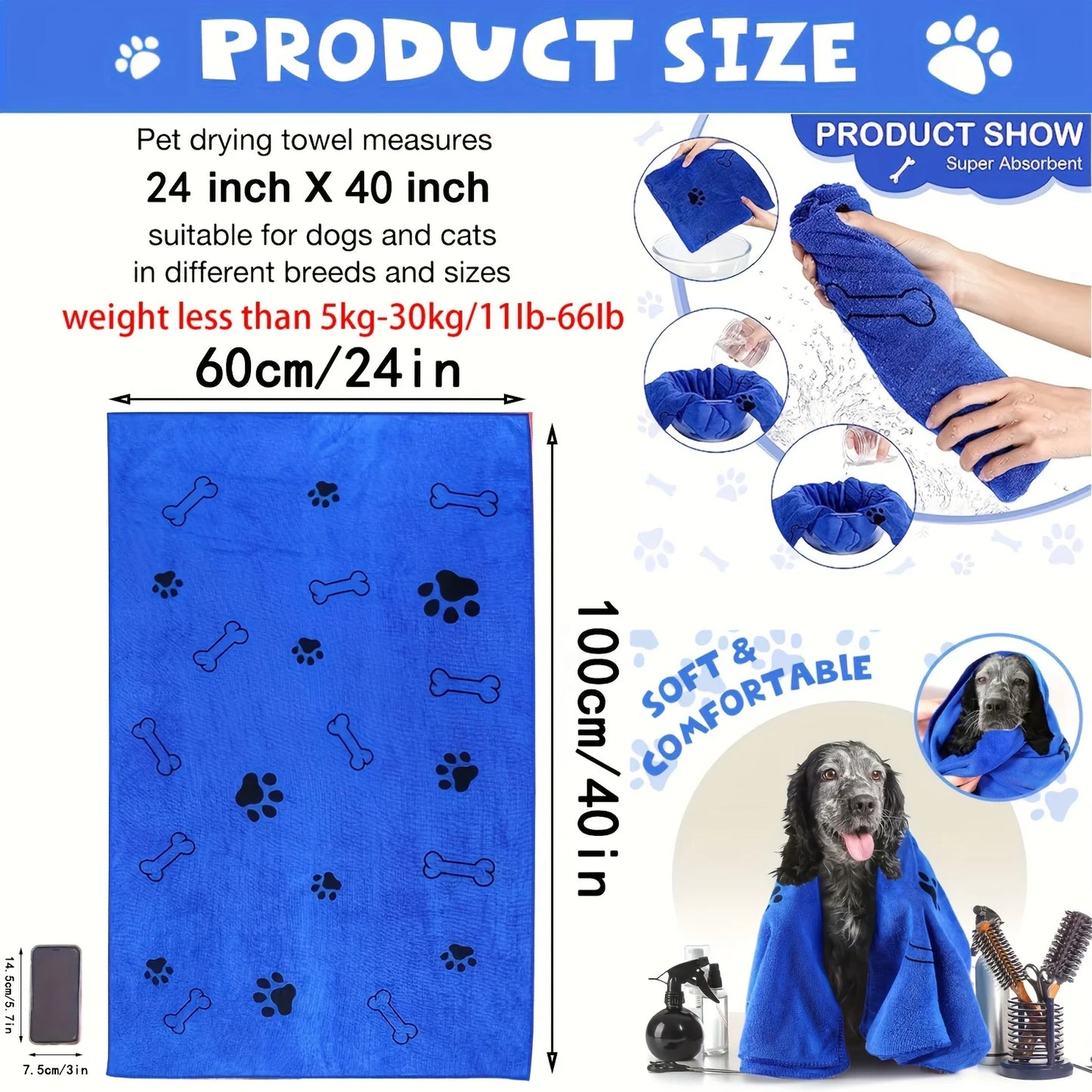 Toalha de microfibra de secagem rápida para cães, 1 peça, absorvente, produto para banho de animais de estimação, toalha de banho de secagem rápida, pano de limpeza de carro, suprimentos para animais de estimação