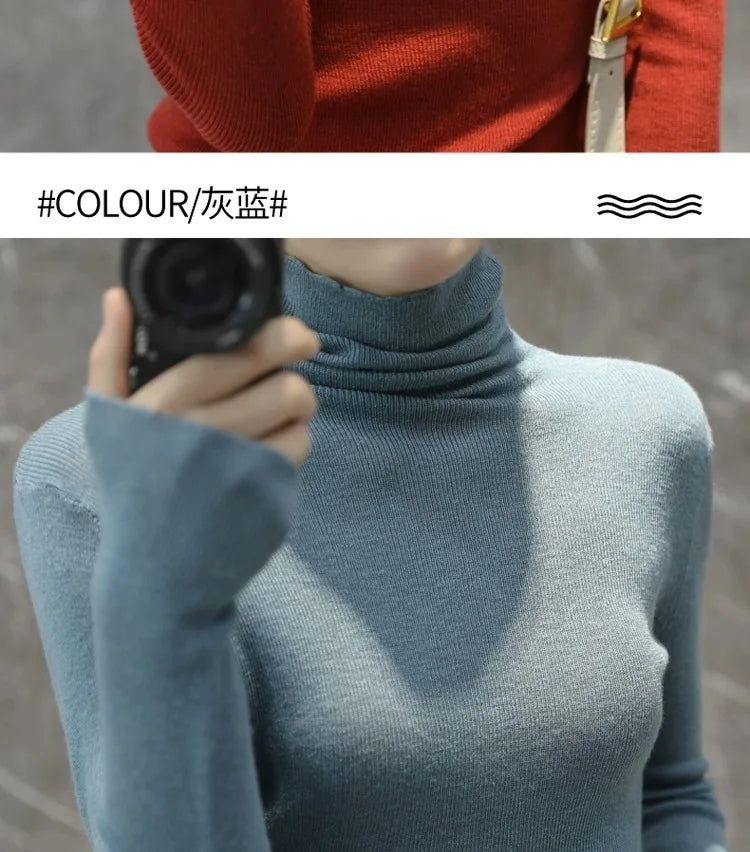 Novo suéter de caxemira feminino outono/inverno 2023, gola alta, suéter ultrafino de lã com pelo