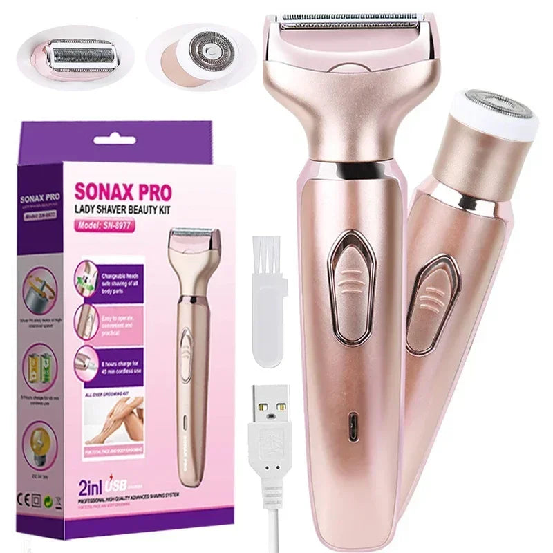 Aparador de pelos elétrico portátil 2 em 1, depilador, depilador facial feminino, área íntima, para remoção de pelos corporais, barbeador sexual, biquíni, púbico, rosa