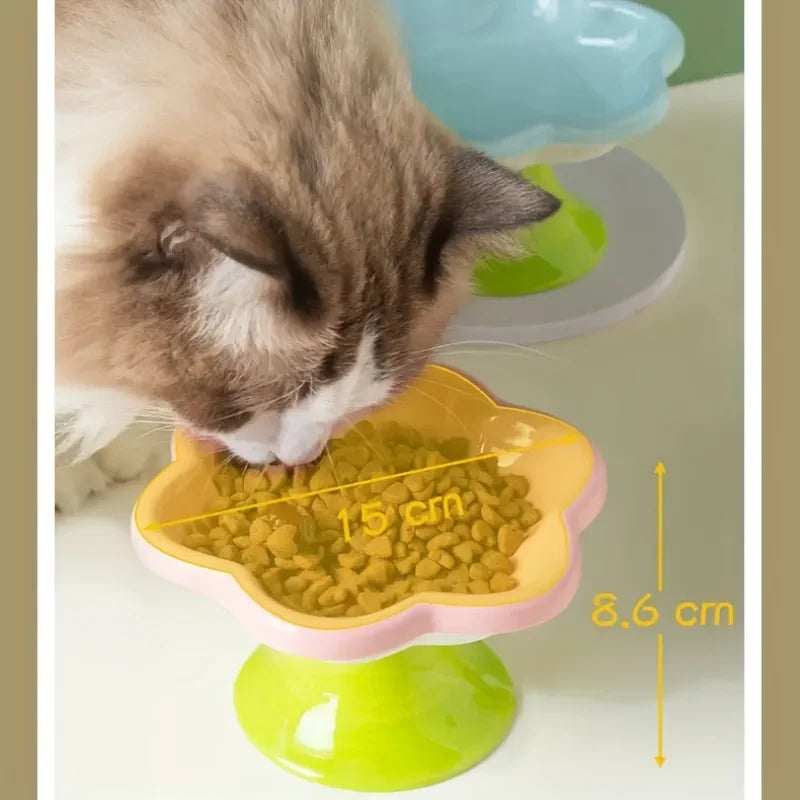 Tigela de cerâmica para animais de estimação com design de flores, tigela para comida de gato, prato de água com pé alto, prato para lanche com suporte para proteção do pescoço, água potável