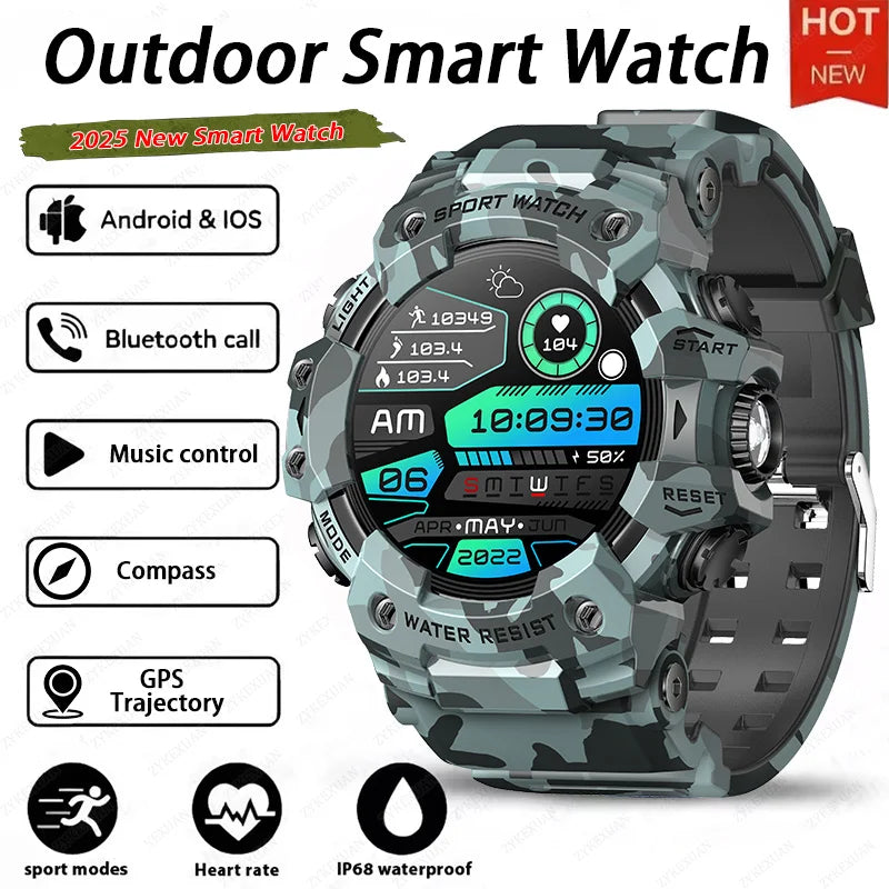 Novo relógio inteligente esportivo robusto para atividades ao ar livre 2025, masculino, com chamada Bluetooth, colorido, IP68, à prova d'água, bússola militar, relógio inteligente, lanterna