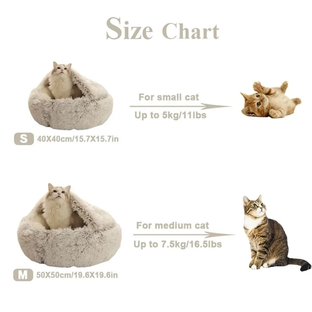 Cama de pelúcia longa e macia para animais de estimação, fechada, redonda, almofada para gatos, confortável, saco de dormir, ninho para gatos, canil para pequenos animais de estimação