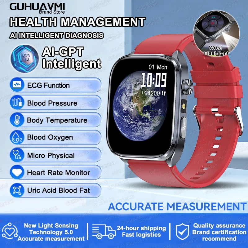 Novo relógio inteligente masculino 2025, pressão arterial, saúde, oxigênio no sangue, ácido úrico, lipídios, rastreador de fitness, relógios Bluetooth, chamada, ECG, smartwatch