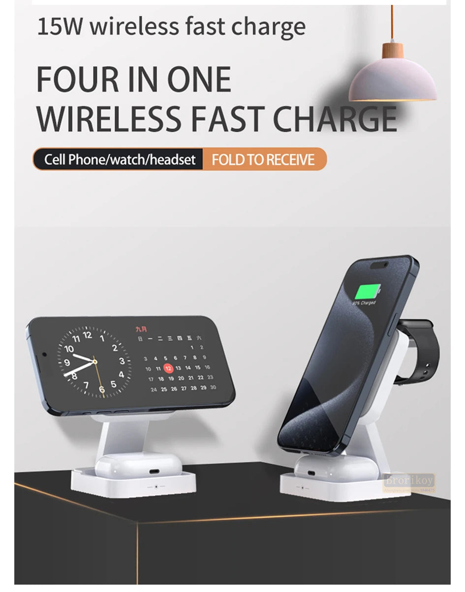 Suporte magnético dobrável 3 em 1 para carregador sem fio para iPhone 16, 15, 14, 13, 12, iWatch 9, AirPods 3 e 2, suporte para estação de carregamento rápido