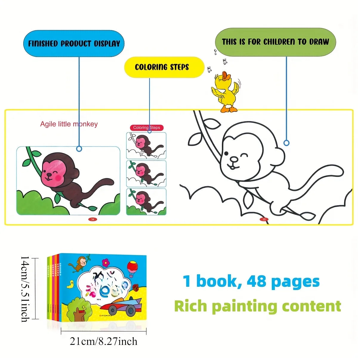 Livro de colorir e rabiscos criativos de 48 páginas, caderno interativo para aprendizagem precoce com animais de desenho animado coloridos, caderno fofo