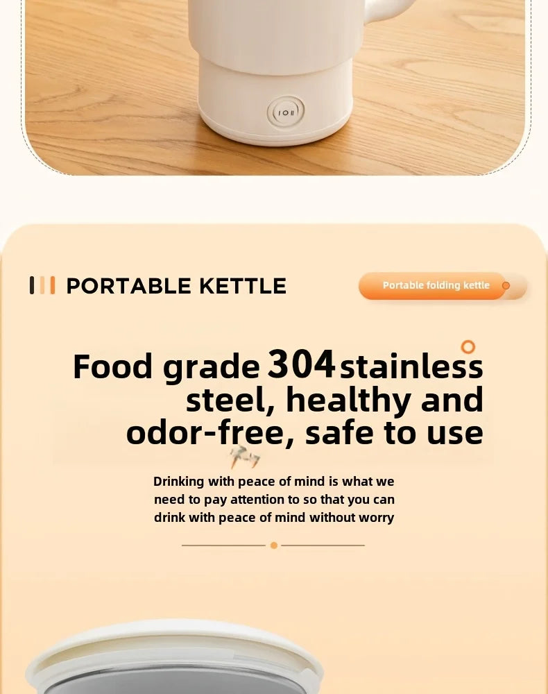 Chaleira dobrável para viagem, pequena chaleira dobrável portátil para áreas externas, aço inoxidável 304, chaleira elétrica