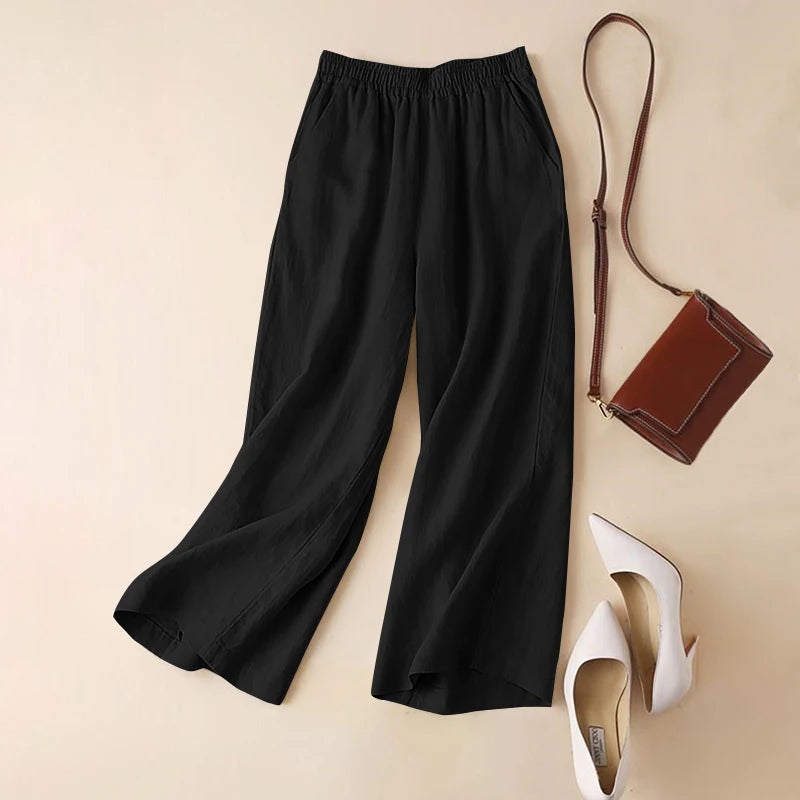 Calças femininas ZANZEA de verão com pernas largas, de algodão, para primavera, soltas, com cintura elástica, estilo palazzo, da moda 2023, lisas, casuais, compridas