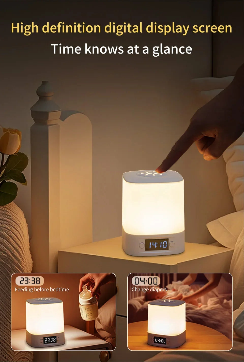 Lâmpada noturna LED com controle remoto e display de hora ou sem proteção para os olhos, lâmpada de leitura, luz noturna de cabeceira recarregável