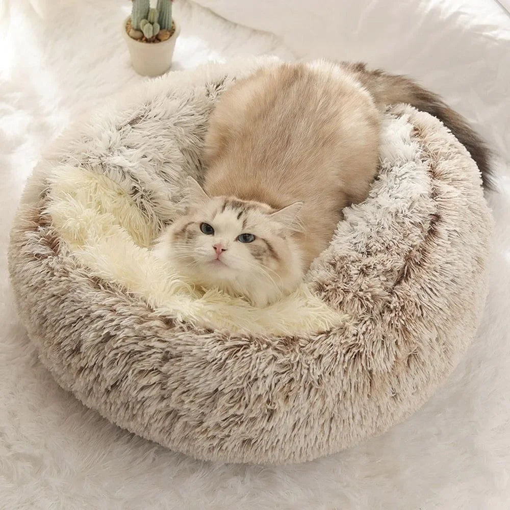 Cama de pelúcia longa e macia para animais de estimação, fechada, redonda, almofada para gatos, confortável, saco de dormir, ninho para gatos, canil para pequenos animais de estimação