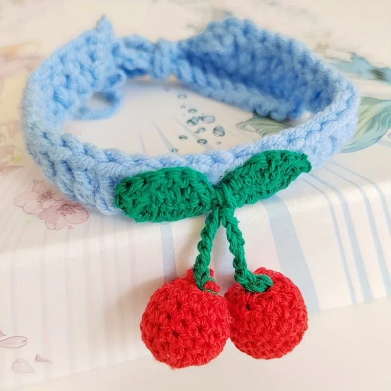 Pet Collar Handmade Knitted Cat Collar With Cherry Decor Cute Cat Necklace Cat Supplies ошейник для кошек para gatos accesorios