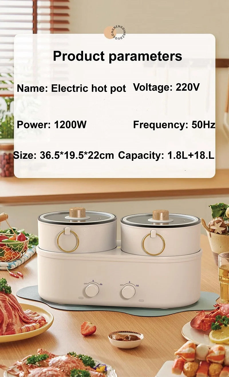 Panela elétrica doméstica de dupla capacidade de 1,8 L, panela elétrica Yuanyang multifuncional, frigideira elétrica antiaderente 220 V