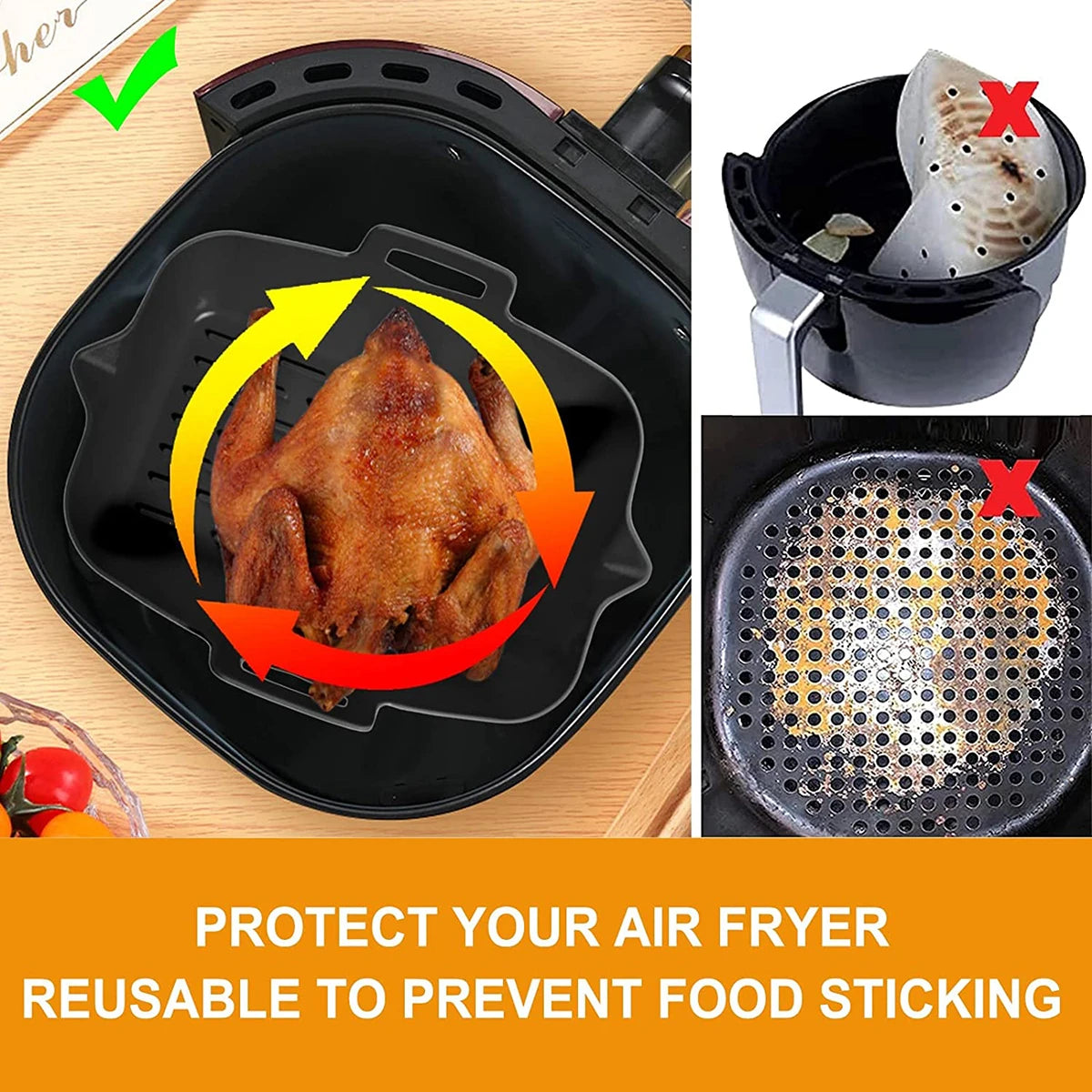 2 peças de forros de silicone para fritadeira de ar, 7,5 polegadas, acessórios para fritadeira de ar quente, molde para assar, bandeja quadrada antiaderente reutilizável