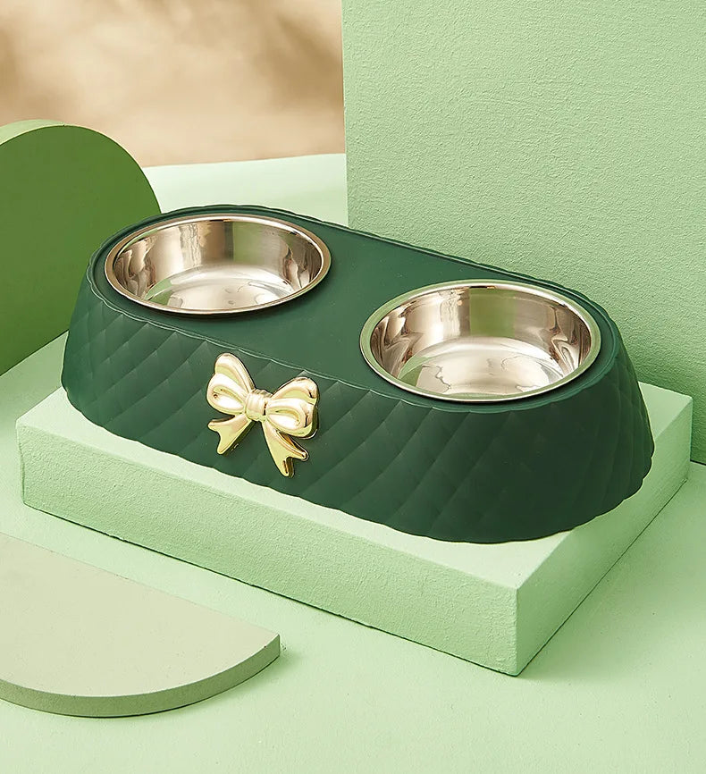 Tigela de comida para gatos com laço e laço para animais de estimação, tigela de PP com base para cães, tigela dupla de aço inoxidável, acessórios para animais de estimação, tigela dupla para alimentação e bebida