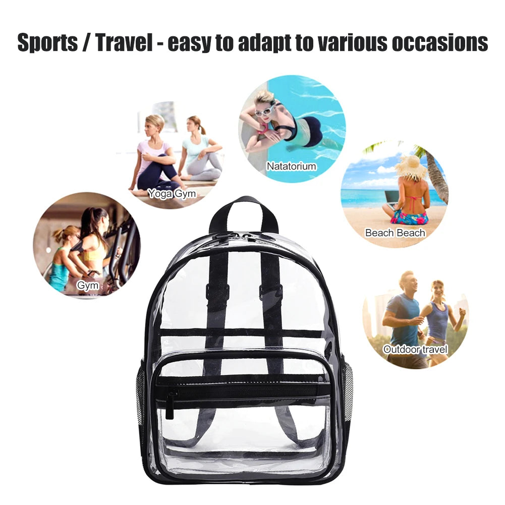 Mochila transparente de PVC para esportes ao ar livre, fitness, casual, viagem, visível, grande capacidade, à prova d'água, alça superior, mochila escolar