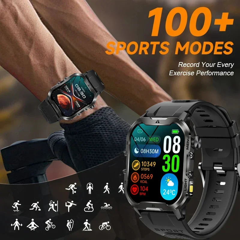 Novo relógio inteligente militar Xiaomi 2024 para homens, esportes ao ar livre, lanterna, fitness, monitor de saúde, 1,96" BT Call Smartwatch