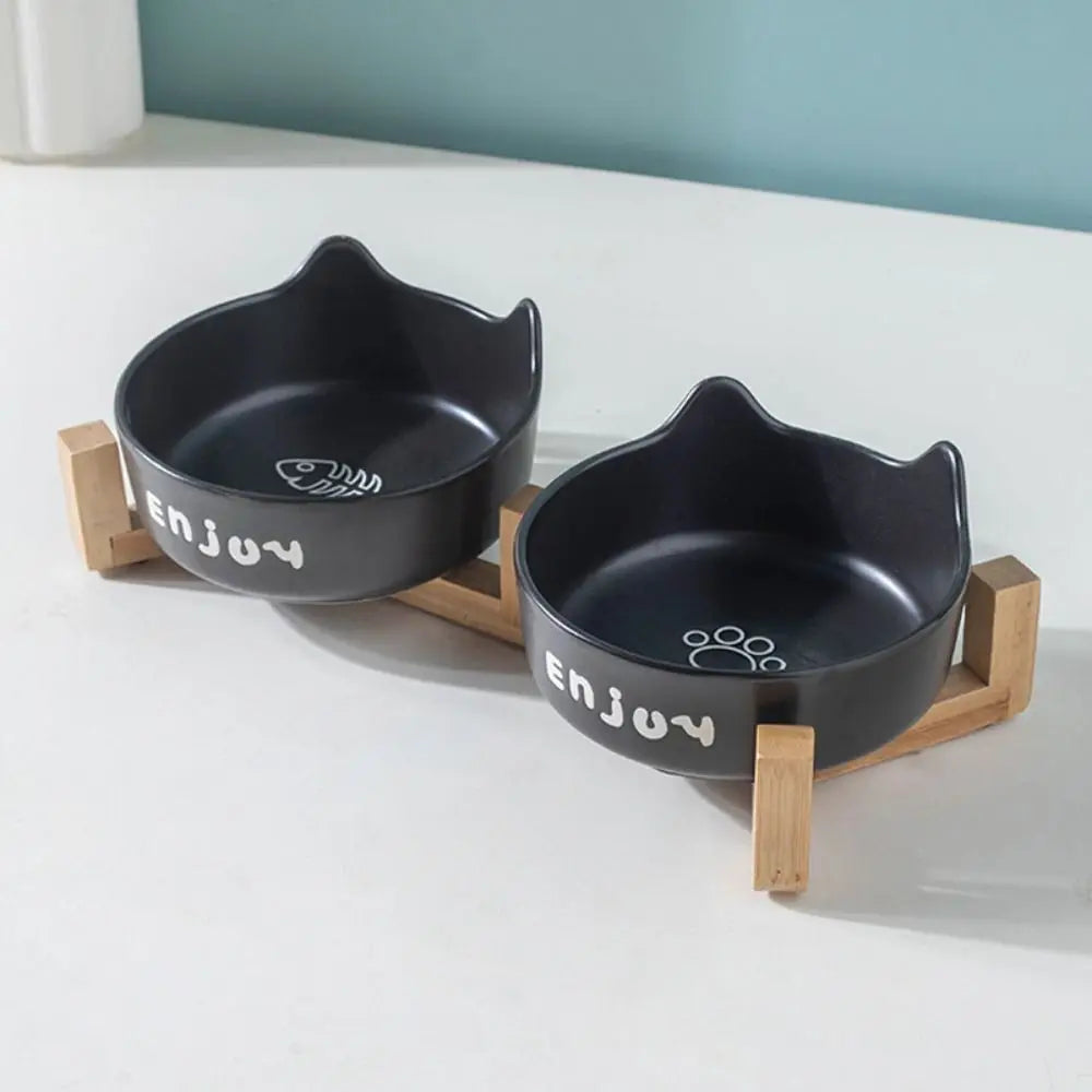 Tigela de cerâmica para animais de estimação, tigela fofa simples/dupla, bacia de alimentação para cães, grande capacidade com suporte, alimentador para animais de estimação, proteção para o pescoço