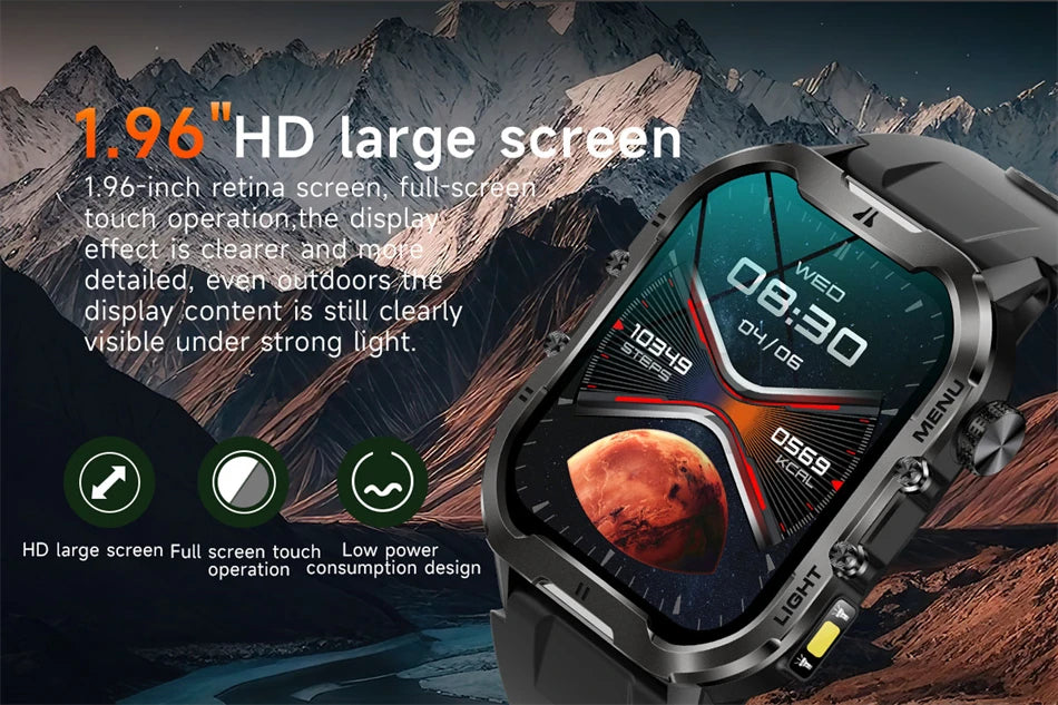 Novo relógio inteligente militar Xiaomi 2024 para homens, esportes ao ar livre, lanterna, fitness, monitor de saúde, 1,96" BT Call Smartwatch
